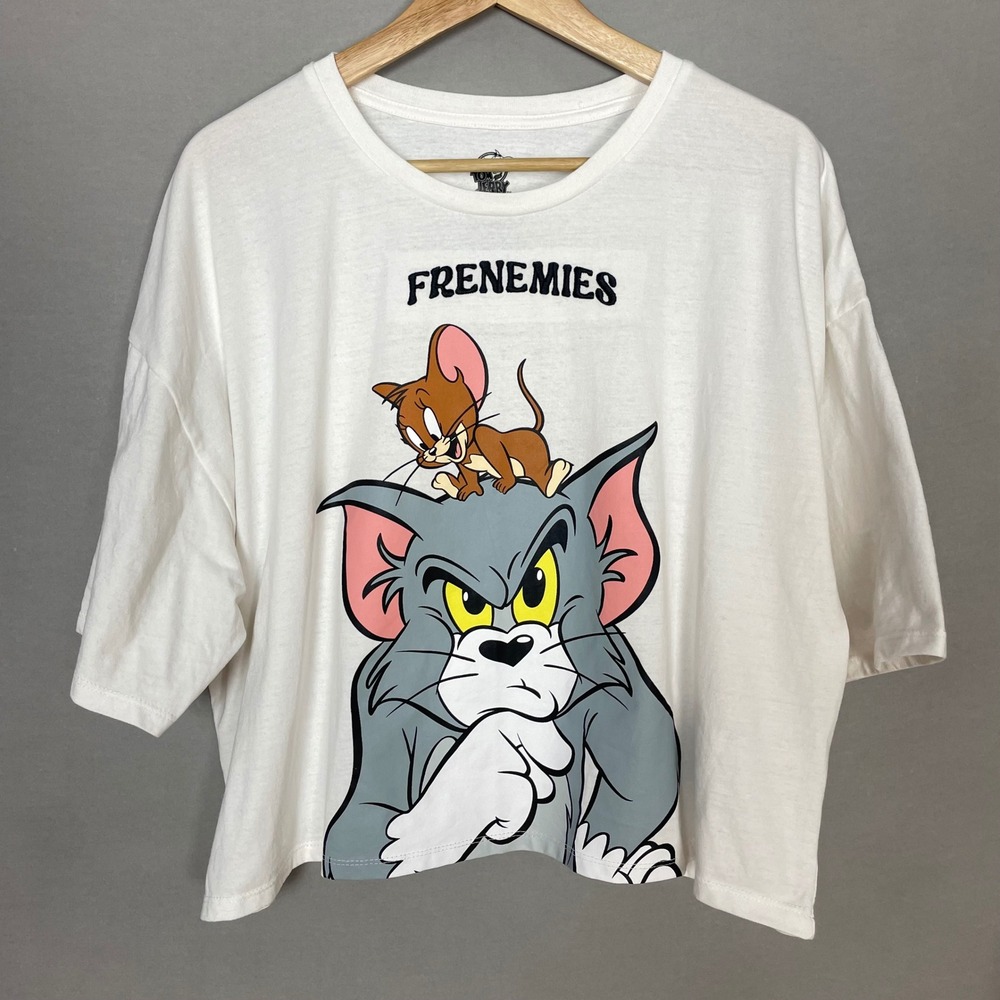 Tom and Jerry Crop Top Frenemies Graphic T-Shirt White XXL Women Novelty Funny